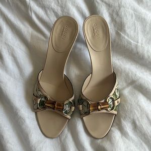 Gucci Bamboo Horsebit Green Floral Open Toe Heels